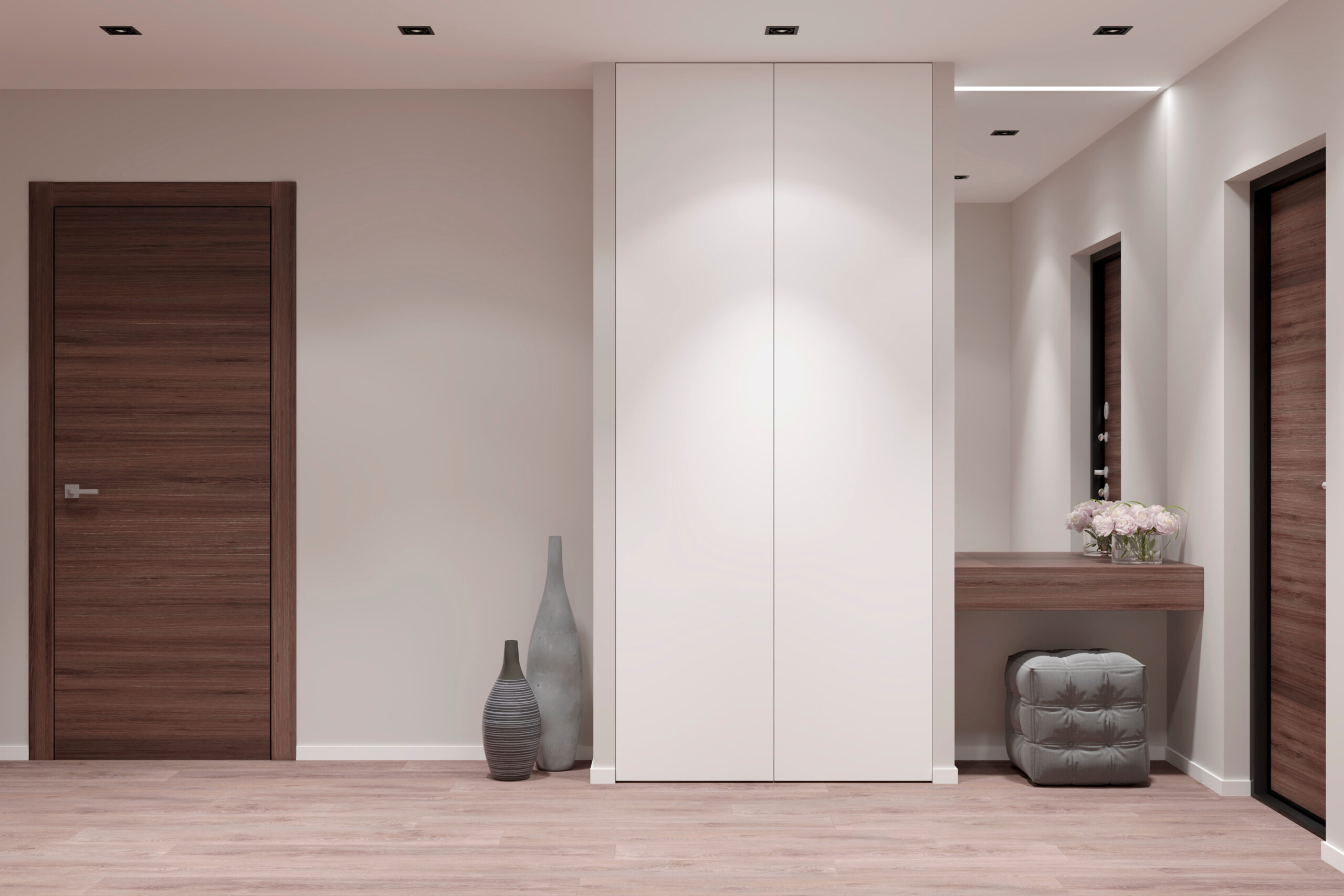 3d illustration. Entrance hall in the apartment with wardrobe, mirror, pouf
